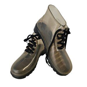 JuJu Clear Rubber Wellies Rain Booties Lace Up Black Tread Womens US 6 UK 4